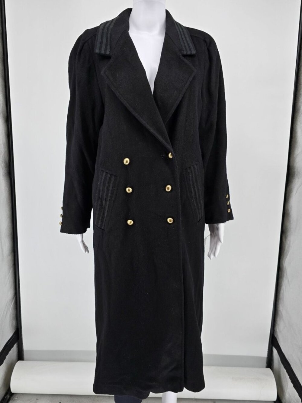 Vintage 1980s Donnybrook Black Hockanum Wool Double-Breasted Long Coat (8P)